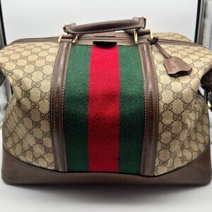 Vintage Gucci GG Canvas Boston Doctor Bag Web Stripe Brown Leather Trim